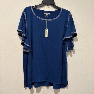 NWT Max Studio Flutter Short Sleeve Crinkle Blouse Shirt Top Blue Women Plus 3X